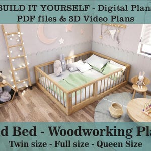 以下が含まれることがあります： 薄緑色の毛布と白い枕が付いた木製の子供用ベッド。 ベッドは木製のフレームで囲まれています。 画像には「Kid Bed - Woodworking Plan」と「Twin size - Full size - Queen Size」の文字が含まれています。