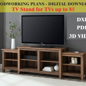 Planos para soporte de TV para televisores de hasta 85", consola multimedia de madera para bricolaje, planos de carpintería para centro de entretenimiento, archivos dxf + video 3D, descarga en PDF