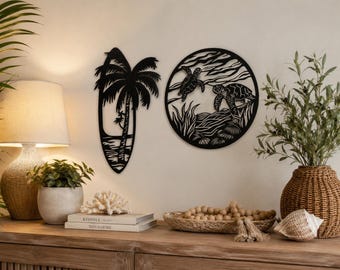Set of 2 Nautical Wall Art | Palm Tree & Turtle 3D Wall Decor | Minimalist Beach House Decor