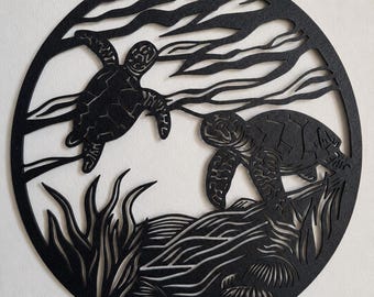 3D Turtle Wall Mural | Maritime Sea Creature Decor | Geometric Ocean Silhouette | Bathroom Wall Decor