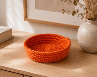 Decorative Cord Bowl - 20 cm Flat Design | Boho Scandinavian Design Tray | Bathroom & Living Room Organizer | Towel Basket | 3D Printed Design Object