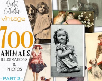 700 Foto e illustrazioni di animali vintage - Parte 2 / Pacchetto digitale cuccioli / foto di gatti, cani e cavalli stampabili, materiale effimero, arte modificata / C116