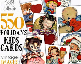 Postales navideñas vintage en paquete / Tarjetas de efímeros para descarga digital / Papelería variada imprimible / CU / Dominio público / C107