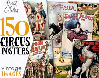 Póster de circo vintage para imprimir / Animales salvajes Cartas mágicas Malabaristas Digital / Publicidad de recursos para diarios / Cu Imprimible Ahorra dinero / C118
