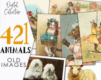 Ilustraciones digitales y postales vintage / Material efímero de animales (gato, perro) / Material de papelería imprimible / Paquete para uso comercial / C114