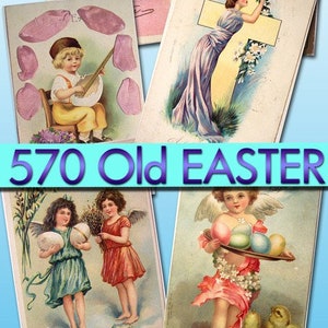 May include: A collection of vintage Easter postcards featuring images of children, angels, bunnies, chicks, and eggs. The postcards are decorated with flowers, ribbons, and other festive details. The text on the postcards includes "Happy Easter", "A Joyous Easter", and "Easter!"