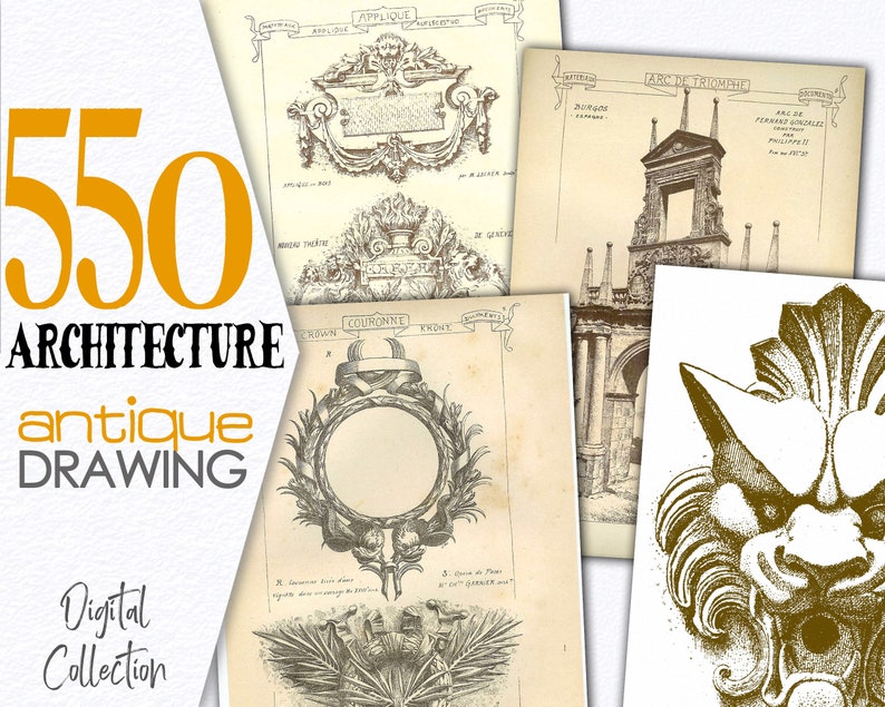 May include: A collection of 550 antique architectural drawings. The drawings are in black and white and feature various architectural elements, including arches, columns, and decorative details. The drawings are labeled with French text, including "Arc de Triomphe" and "Couronne."