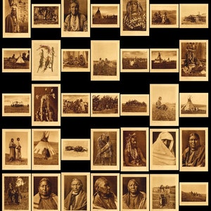 Op de afbeelding: Een verzameling sepia-getinte foto's die het leven van Native Americans laten zien, waaronder portretten, landschappen en sc&egrave;nes uit het dagelijks leven.