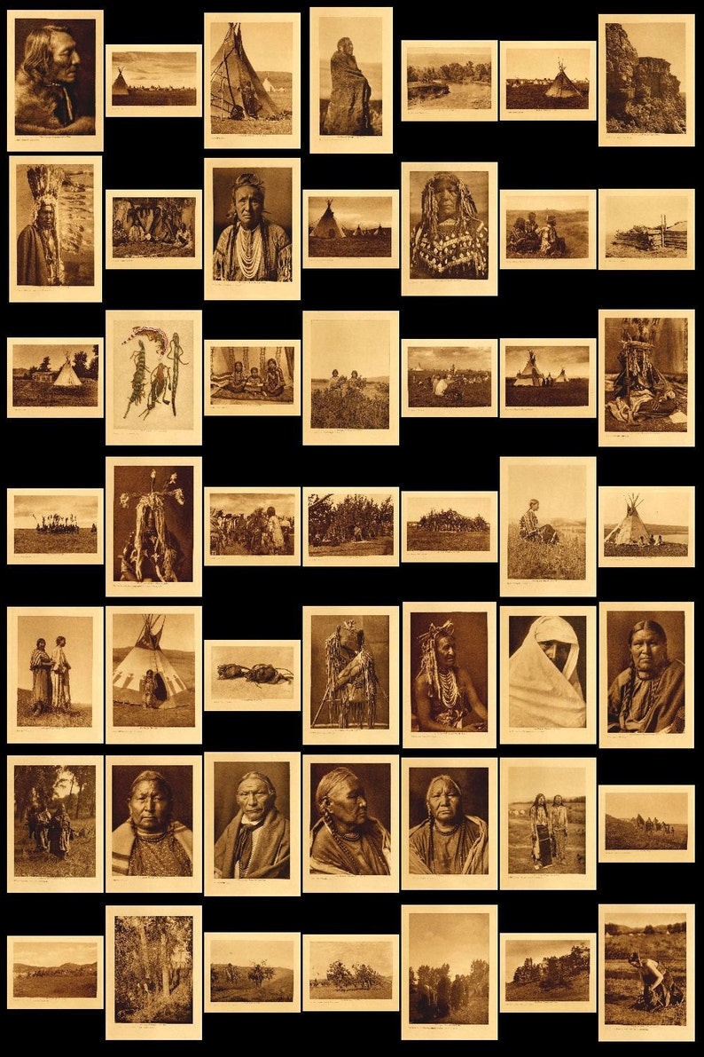 Op de afbeelding: Een verzameling sepia-getinte foto's die het leven van Native Americans laten zien, waaronder portretten, landschappen en sc&egrave;nes uit het dagelijks leven.