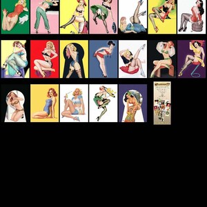 May include: A collage of 25 vintage pin-up style illustrations featuring women in various poses and outfits. The illustrations are set against colorful backgrounds and feature a variety of props, including hats, chairs, and suitcases.