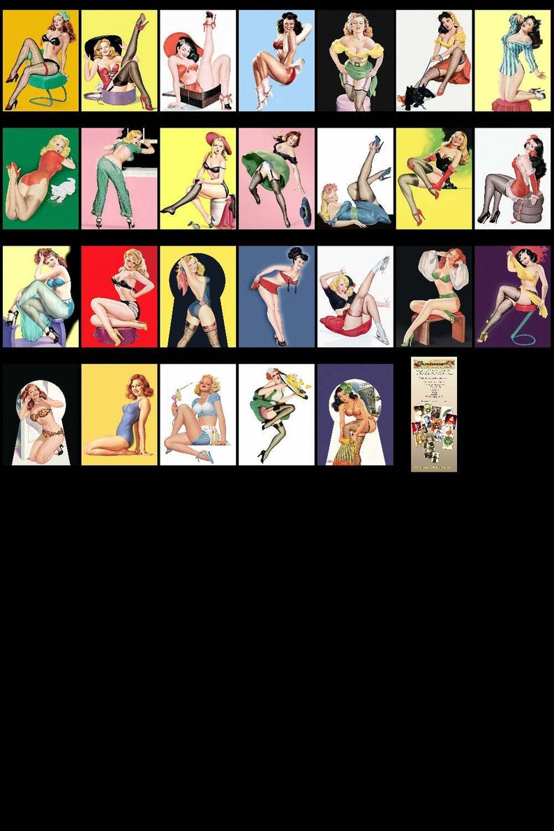May include: A collage of 25 vintage pin-up style illustrations featuring women in various poses and outfits. The illustrations are set against colorful backgrounds and feature a variety of props, including hats, chairs, and suitcases.