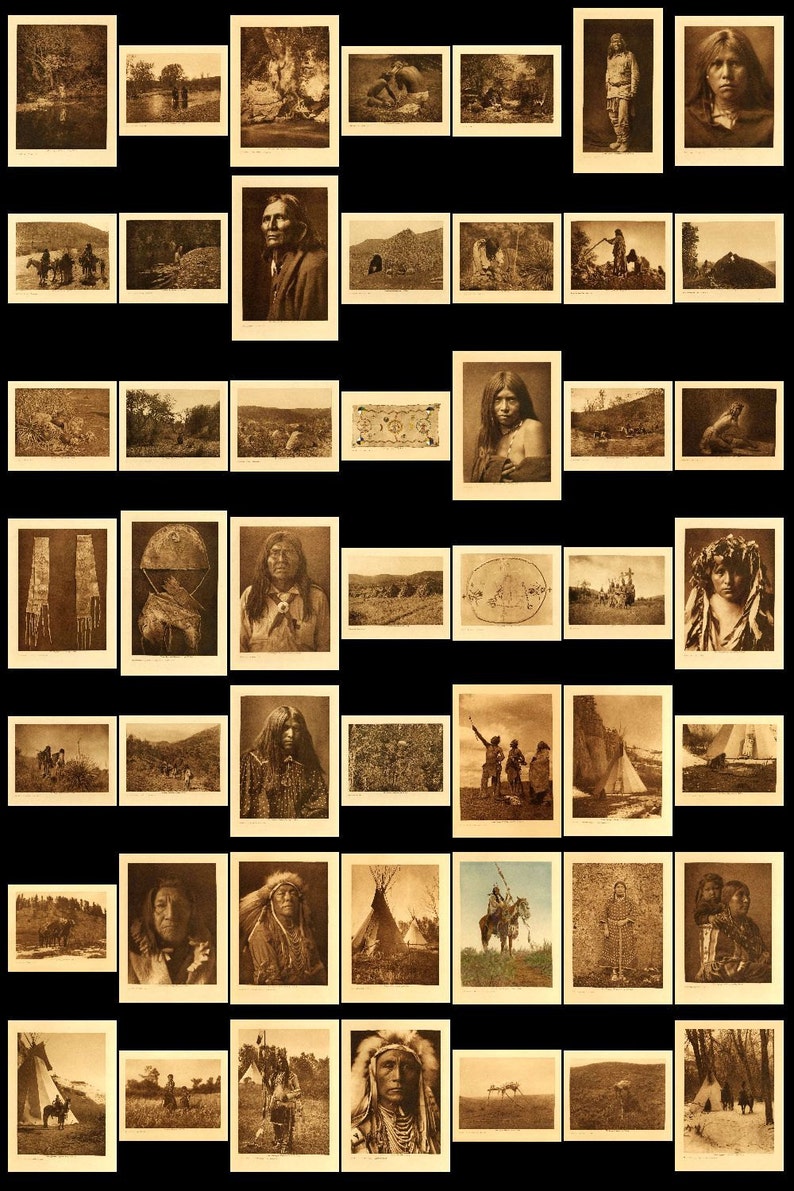 Op de afbeelding: Een verzameling vintage sepia-getinte foto's die het leven en de cultuur van de Amerikaanse indianen laten zien. De afbeeldingen tonen verschillende sc&egrave;nes, waaronder portretten van individuen, groepen mensen en landschappen. Sommige afbeeldingen tonen traditionele kleding, ceremoni&euml;le voorwerpen en dagelijkse activiteiten.