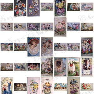 May include: A collection of vintage Easter postcards featuring images of children, bunnies, chicks, and eggs. The postcards are decorated with flowers, ribbons, and other festive details. Some of the postcards have greetings such as "Happy Easter" and "A Happy Easter".