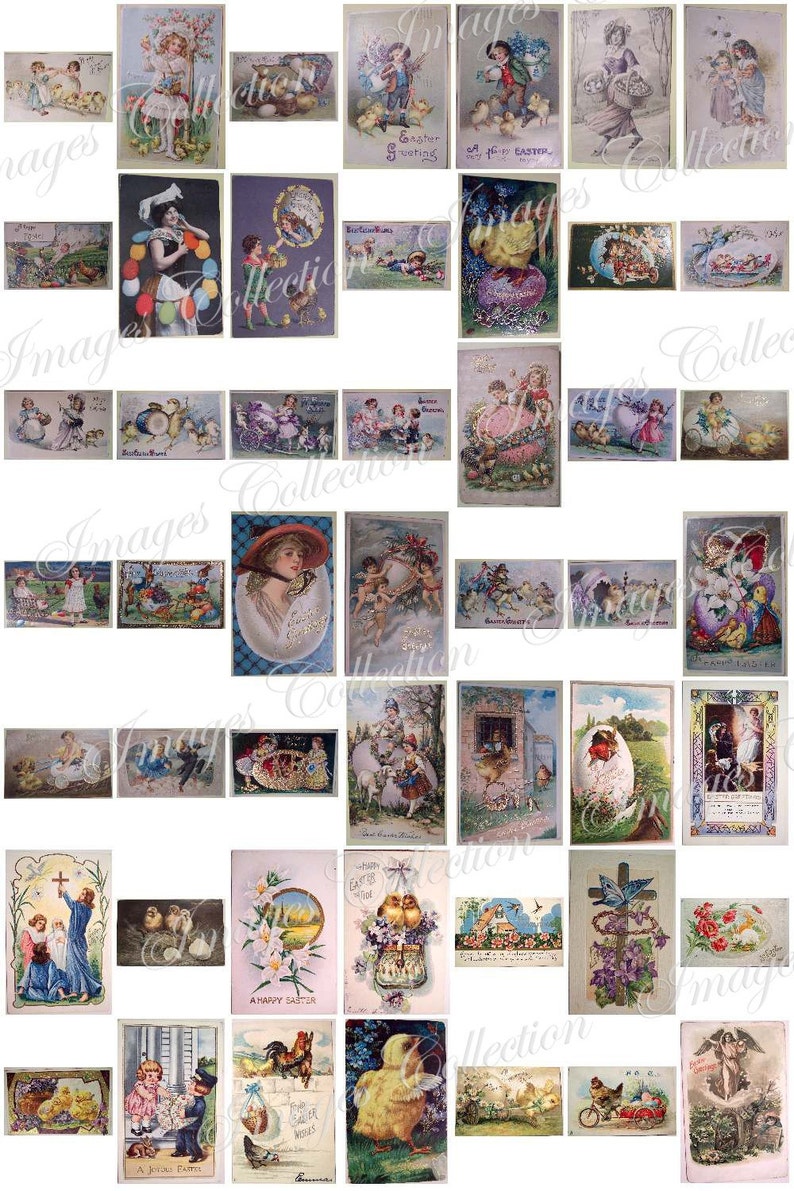 May include: A collection of vintage Easter postcards featuring images of children, bunnies, chicks, and eggs. The postcards are decorated with flowers, ribbons, and other festive details. Some of the postcards have greetings such as "Happy Easter" and "A Happy Easter".