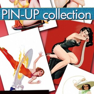May include: A collection of vintage pin-up style illustrations featuring women in various poses and outfits. The images are printed on white paper and have a retro feel.