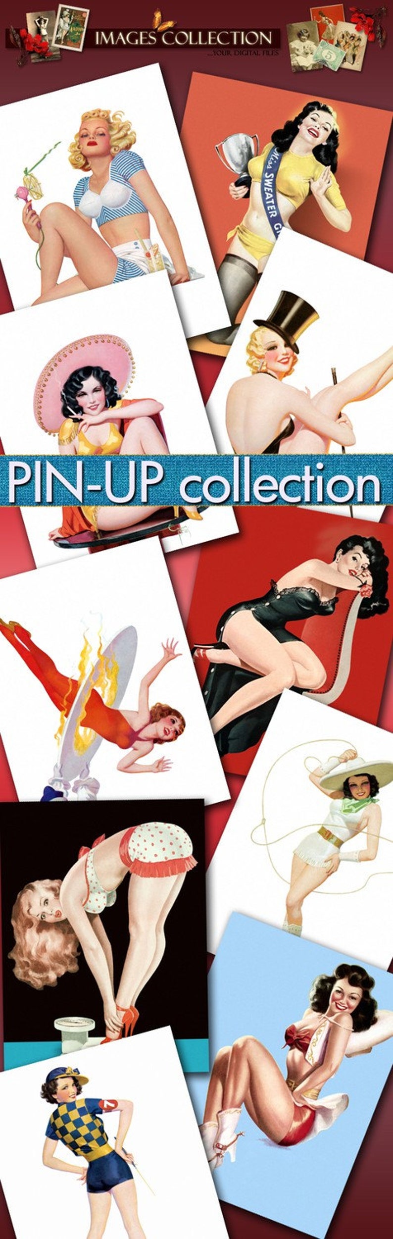 May include: A collection of vintage pin-up style illustrations featuring women in various poses and outfits. The images are printed on white paper and have a retro feel.