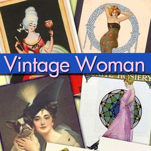 Puede incluir: Un collage de im&aacute;genes vintage con mujeres en varias poses y estilos de ropa. Las im&aacute;genes est&aacute;n dispuestas en una cuadr&iacute;cula y incluyen a una mujer sosteniendo una flor, una mujer con un vestido largo, una mujer con un sombrero y una mujer con un perro. El texto "Vintage Woman" se muestra en una pancarta azul en el medio del collage.