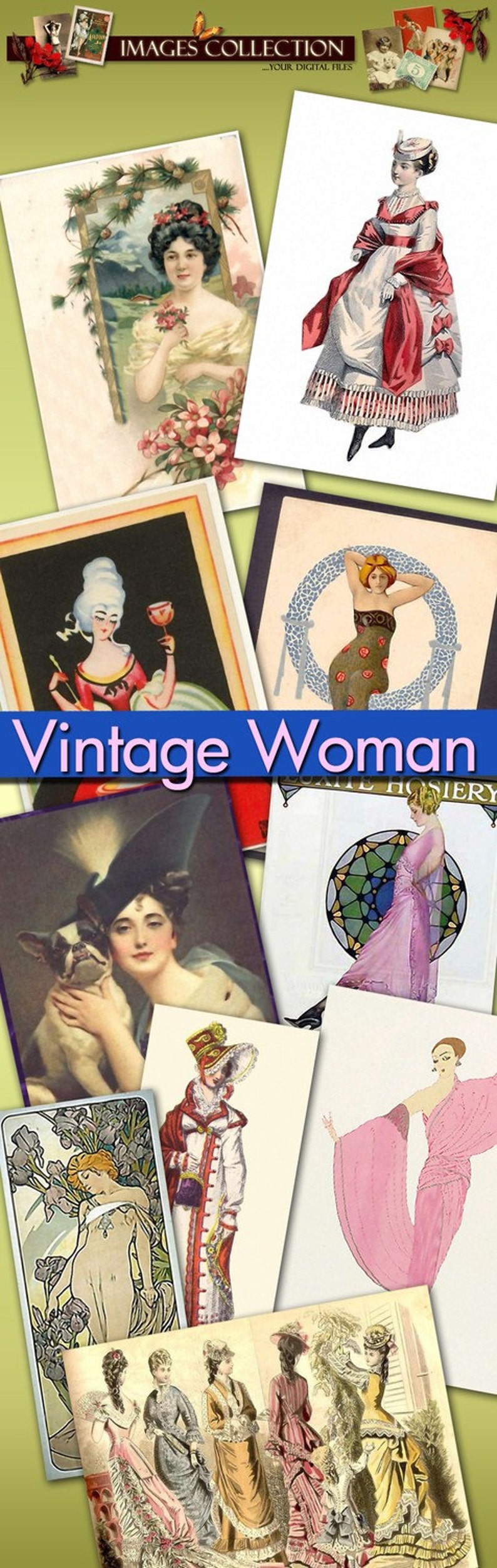 Puede incluir: Un collage de im&aacute;genes vintage con mujeres en varias poses y estilos de ropa. Las im&aacute;genes est&aacute;n dispuestas en una cuadr&iacute;cula y incluyen a una mujer sosteniendo una flor, una mujer con un vestido largo, una mujer con un sombrero y una mujer con un perro. El texto "Vintage Woman" se muestra en una pancarta azul en el medio del collage.