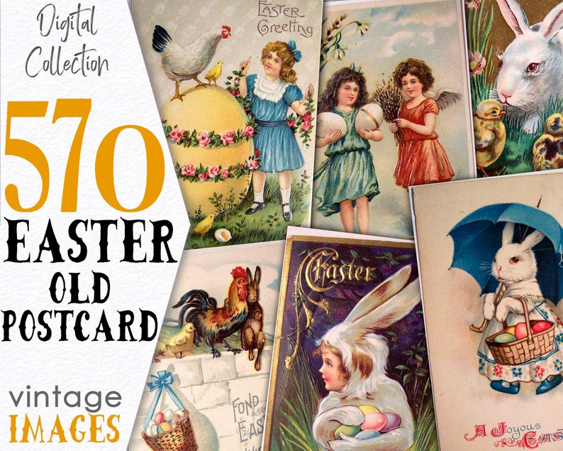 May include: A collection of 570 vintage Easter postcards featuring images of bunnies, chicks, and other Easter symbols. The postcards are in various colors and styles, and some have handwritten messages.