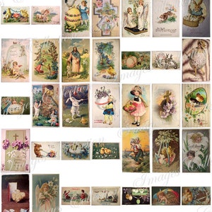 May include: A collection of vintage Easter postcards featuring images of children, bunnies, chicks, and religious symbols. The postcards are in various colors and styles, and some have handwritten messages.