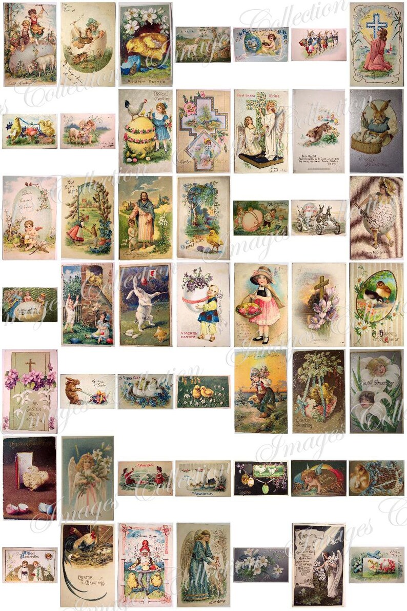 May include: A collection of vintage Easter postcards featuring images of children, bunnies, chicks, and religious symbols. The postcards are in various colors and styles, and some have handwritten messages.