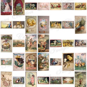 May include: A collection of vintage Easter postcards featuring images of chicks, bunnies, children, and eggs. The postcards are in various colors and styles, and some have handwritten messages.