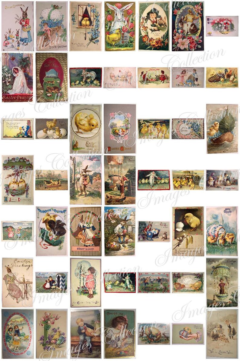 May include: A collection of vintage Easter postcards featuring images of chicks, bunnies, children, and eggs. The postcards are in various colors and styles, and some have handwritten messages.