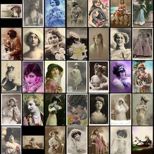 May include: A collage of vintage postcards featuring women in various poses and clothing styles. The postcards are in black and white and sepia tones, and many feature decorative borders.