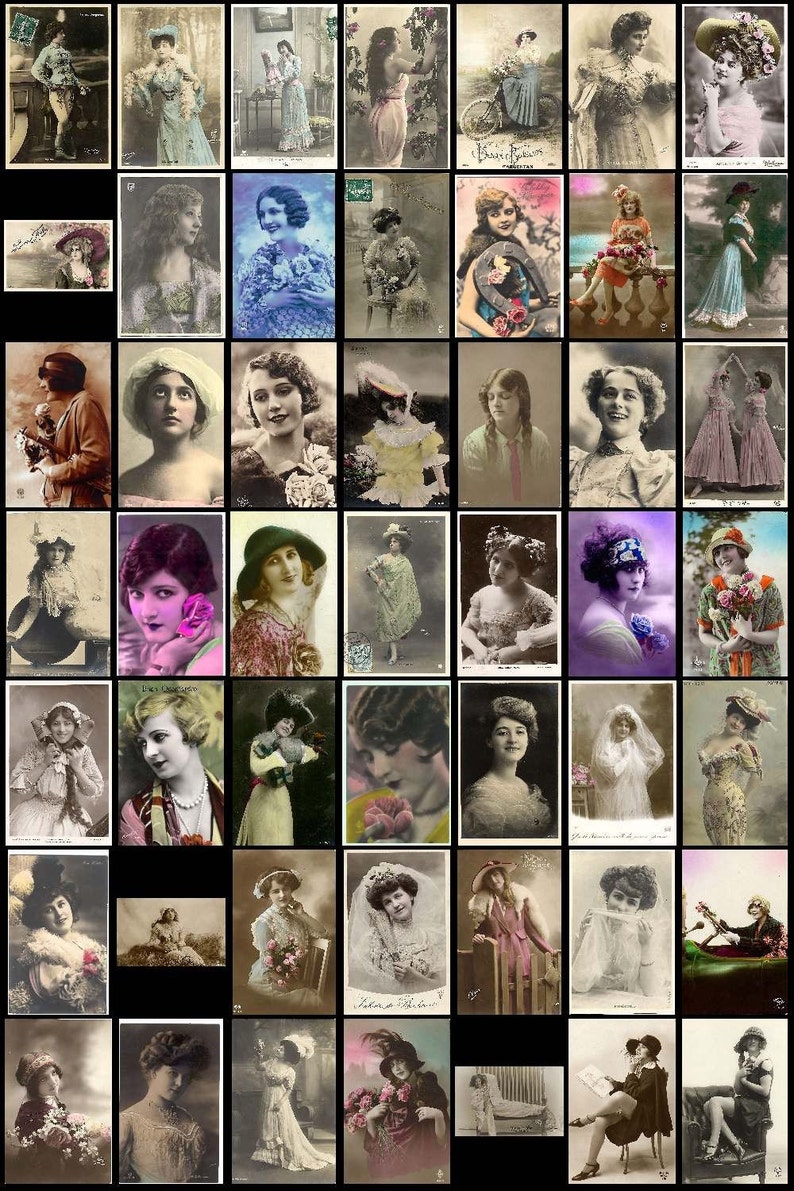May include: A collage of vintage postcards featuring women in various poses and clothing styles. The postcards are in black and white and sepia tones, and many feature decorative borders.