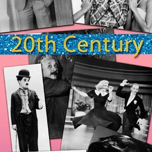 Op de afbeelding: Een collage van zwart-witfoto's met beroemde mensen uit de 20e eeuw, waaronder Albert Einstein, Charlie Chaplin, Audrey Hepburn, Elvis Presley en Nelson Mandela. De collage heeft de titel "20th Century" en is geplaatst op een roze achtergrond.