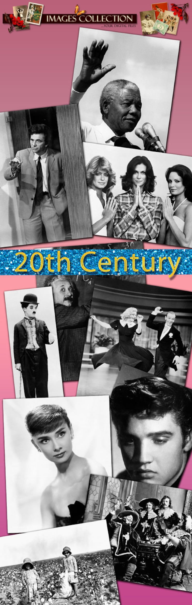 Op de afbeelding: Een collage van zwart-witfoto's met beroemde mensen uit de 20e eeuw, waaronder Albert Einstein, Charlie Chaplin, Audrey Hepburn, Elvis Presley en Nelson Mandela. De collage heeft de titel "20th Century" en is geplaatst op een roze achtergrond.