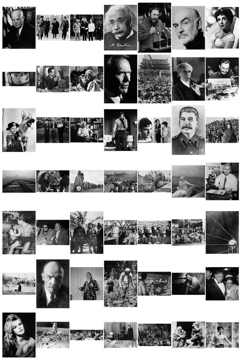 Op de afbeelding: Een collage van zwart-witfoto's met historische figuren, gebeurtenissen en sc&egrave;nes. De afbeeldingen tonen Albert Einstein, een menigte mensen, een man in militair uniform en een vrouw in een jurk.