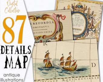 Mapas de la Tierra y el Cielo / Mapas vintage desgastados, mapas de la Tierra imprimibles / Libro vintage misceláneo / Decoración de oficina / Collage de arte alterado / C155