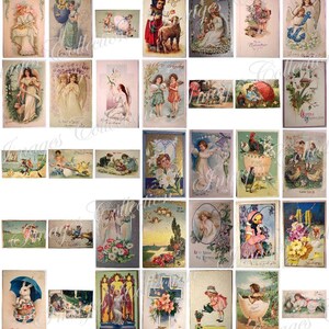 May include: A collection of vintage Easter postcards featuring angels, children, bunnies, and religious imagery. The postcards are in various colors and styles, with some featuring floral designs and others with more simple designs. The postcards are all in good condition and would make a great addition to any Easter collection.