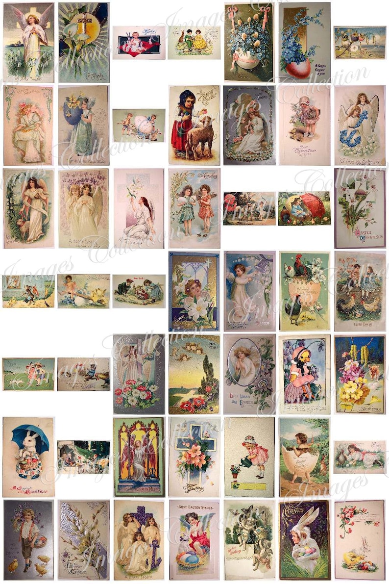 May include: A collection of vintage Easter postcards featuring angels, children, bunnies, and religious imagery. The postcards are in various colors and styles, with some featuring floral designs and others with more simple designs. The postcards are all in good condition and would make a great addition to any Easter collection.