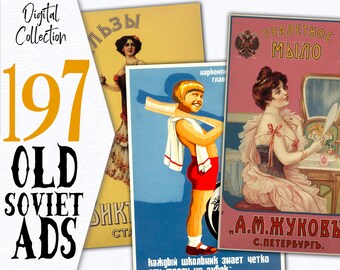 Colección digital de publicidad soviética antigua / Paquete de recursos de ilustraciones Colección ADS / Póster imprimible / Material efímero para decoración de oficina / C160