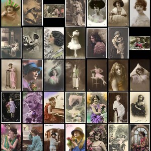 May include: A collection of vintage postcards featuring women in various poses and clothing styles. The postcards are in black and white and sepia tones, and many feature decorative borders and text.