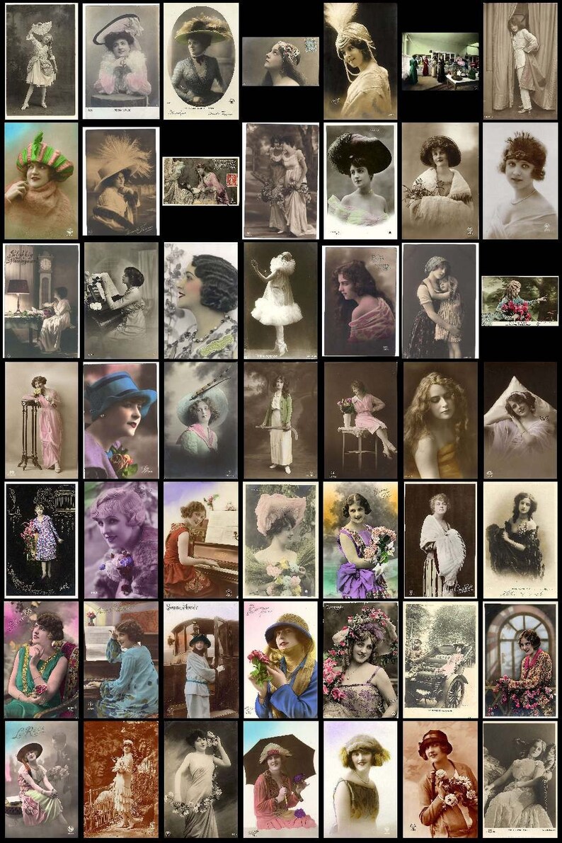 May include: A collection of vintage postcards featuring women in various poses and clothing styles. The postcards are in black and white and sepia tones, and many feature decorative borders and text.
