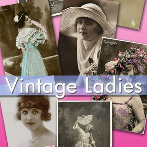 May include: A collage of vintage postcards featuring women in various poses and attire. The postcards are arranged in a grid pattern and have a pink background. The text "Vintage Ladies" is displayed in a blue banner across the center of the collage.