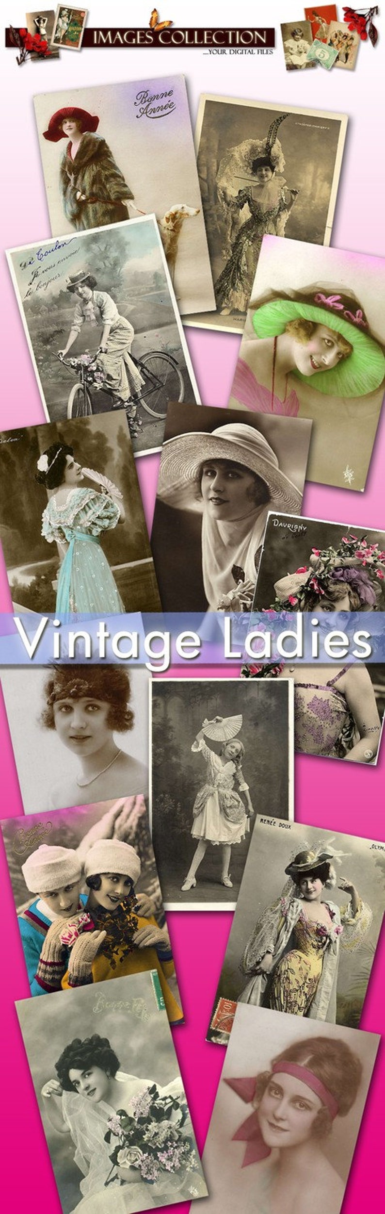 May include: A collage of vintage postcards featuring women in various poses and attire. The postcards are arranged in a grid pattern and have a pink background. The text "Vintage Ladies" is displayed in a blue banner across the center of the collage.