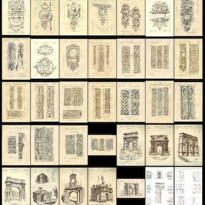May include: A collection of vintage architectural drawings featuring various designs for arches, columns, and other decorative elements. The drawings are in black and white and have a distressed, aged look.