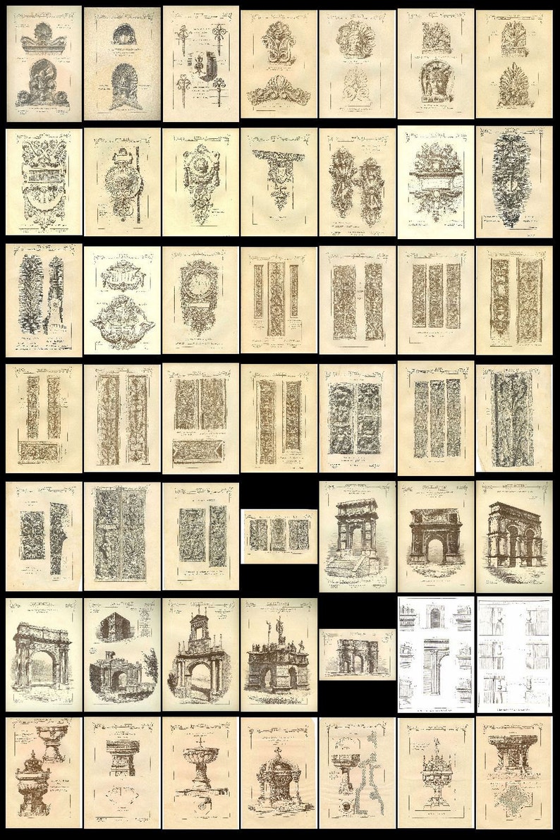 May include: A collection of vintage architectural drawings featuring various designs for arches, columns, and other decorative elements. The drawings are in black and white and have a distressed, aged look.