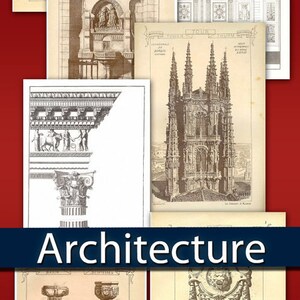 May include: A collection of vintage illustrations depicting architectural details and structures. The images are in black and white and feature intricate designs, including columns, arches, and towers. The title "Architecture" is displayed at the bottom of the image.