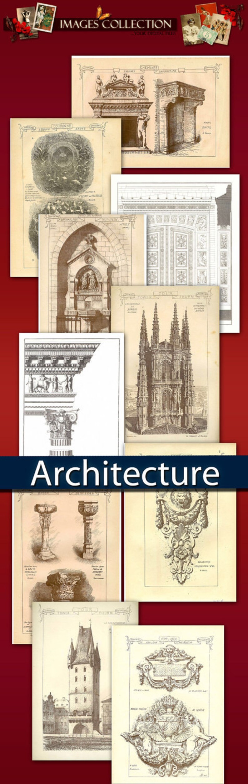 May include: A collection of vintage illustrations depicting architectural details and structures. The images are in black and white and feature intricate designs, including columns, arches, and towers. The title "Architecture" is displayed at the bottom of the image.