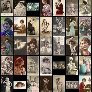 May include: A collage of vintage postcards featuring women in various poses and settings. The postcards are in black and white and sepia tones, and many feature flowers, hats, and other accessories.