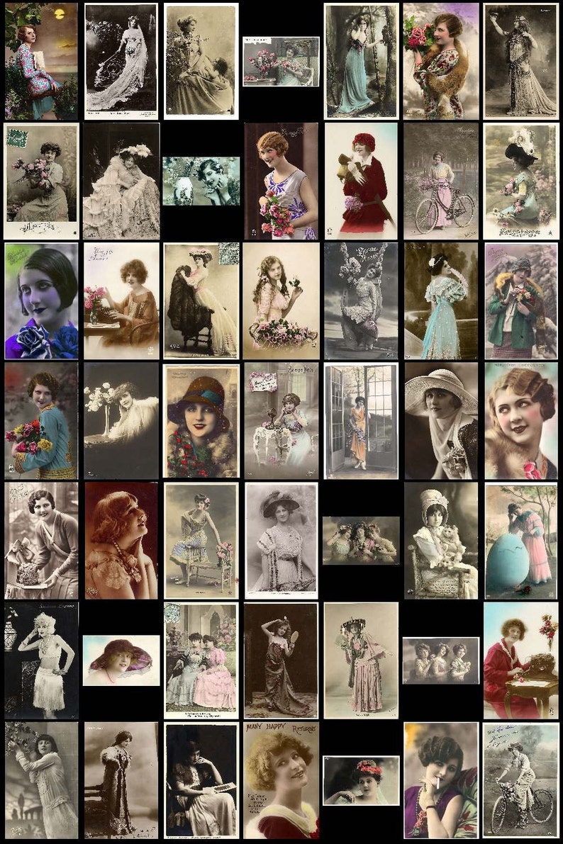 May include: A collage of vintage postcards featuring women in various poses and settings. The postcards are in black and white and sepia tones, and many feature flowers, hats, and other accessories.