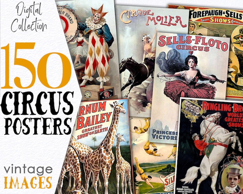 May include: A collection of 150 vintage circus posters featuring colorful illustrations of clowns, animals, and performers. The posters advertise various circuses, including Barnum & Bailey, Sells-Floto, and Ringling Brothers.