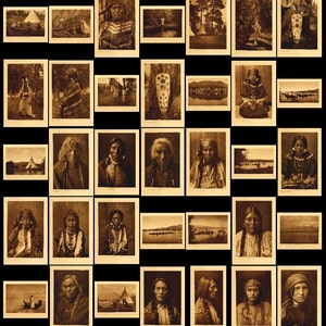Op de afbeelding: Een verzameling sepia-getinte foto's van inheemse Amerikanen, voornamelijk portretten, met enkele landschapsfoto's. De foto's zijn in een rasterpatroon gerangschikt.
