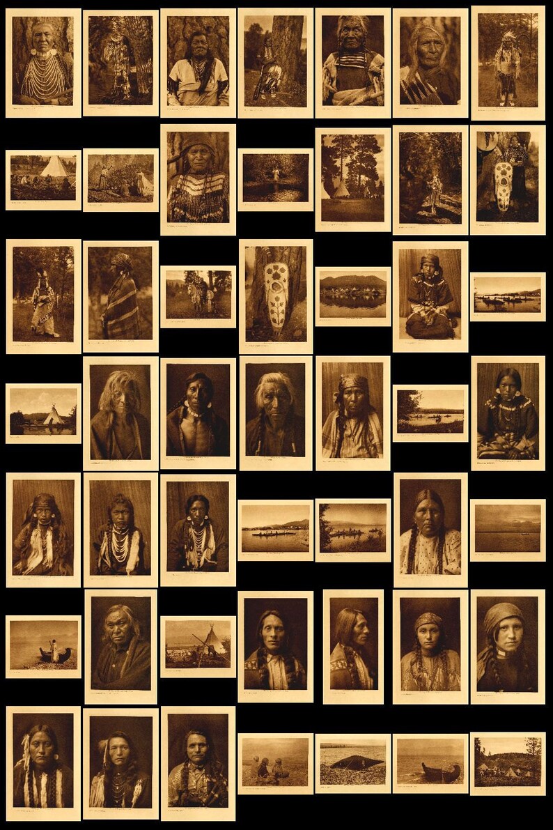 Op de afbeelding: Een verzameling sepia-getinte foto's van inheemse Amerikanen, voornamelijk portretten, met enkele landschapsfoto's. De foto's zijn in een rasterpatroon gerangschikt.