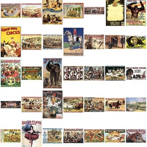 May include: A collection of vintage circus posters featuring colorful illustrations and text. The posters advertise various circus acts, including clowns, animals, and acrobats. Some of the posters feature the names of famous circuses, such as Ringling Bros. and Barnum & Bailey.